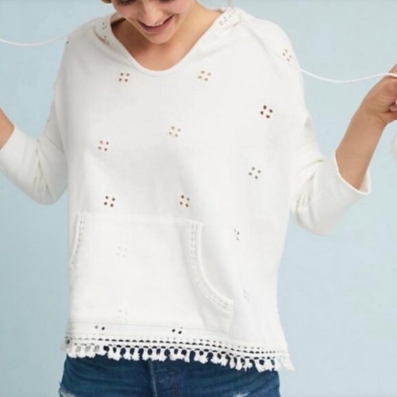 Anthropologie Lilka Oversized Eyelet DesignWhite Embroidered Hoodie with Tassels - Picture 2 of 9
